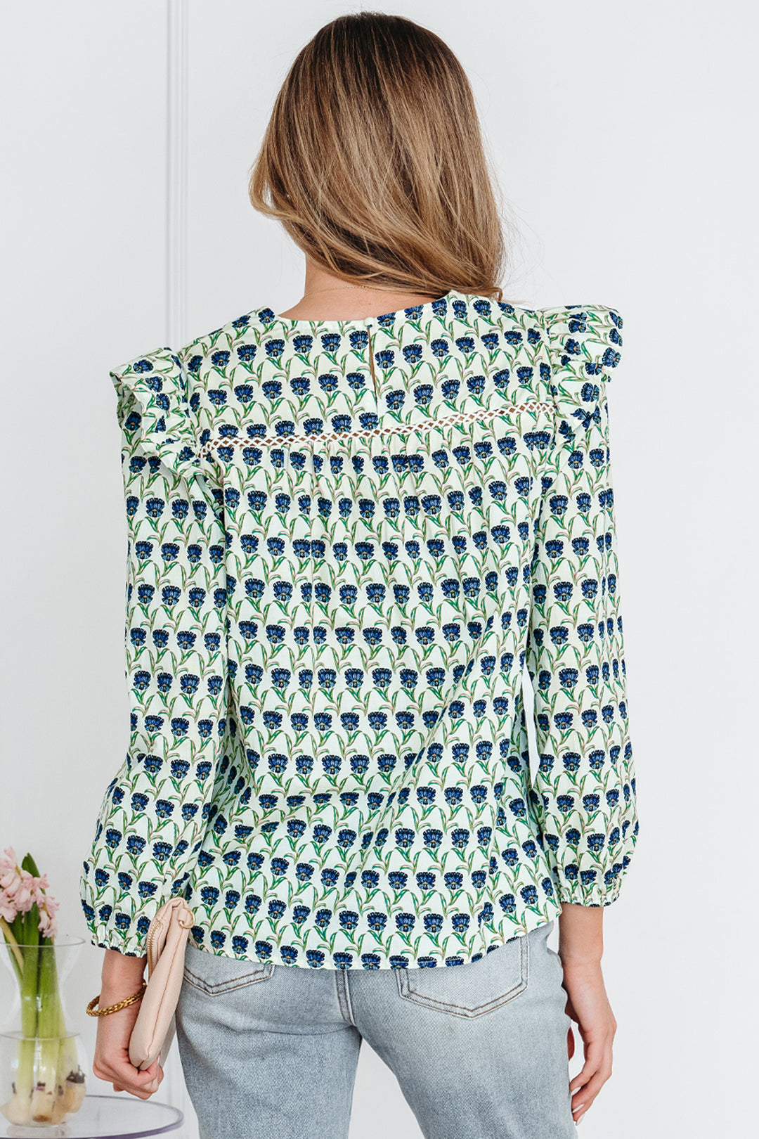 Floral Print Lace Detail Ruffle Trim Long Sleeve Blouse