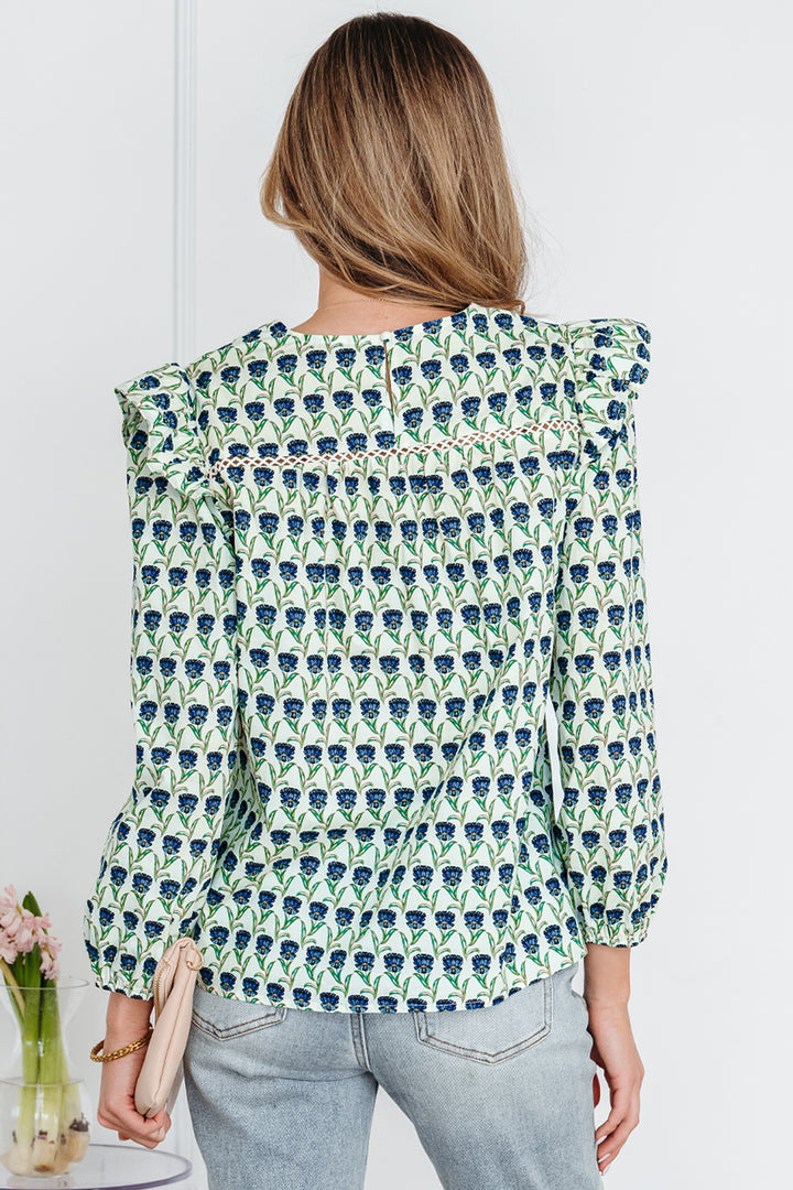 Floral Print Lace Detail Ruffle Trim Long Sleeve Blouse