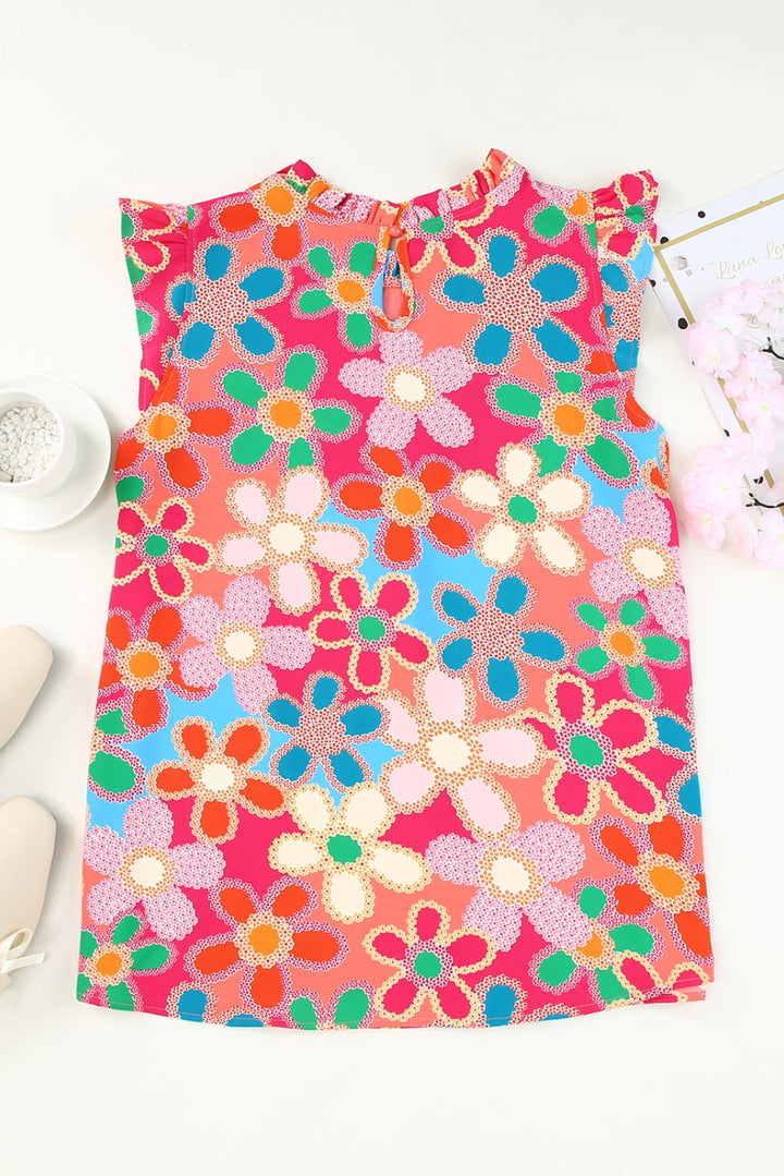 Embroidered Detail Floral Print Ruffle Trim Tank Top