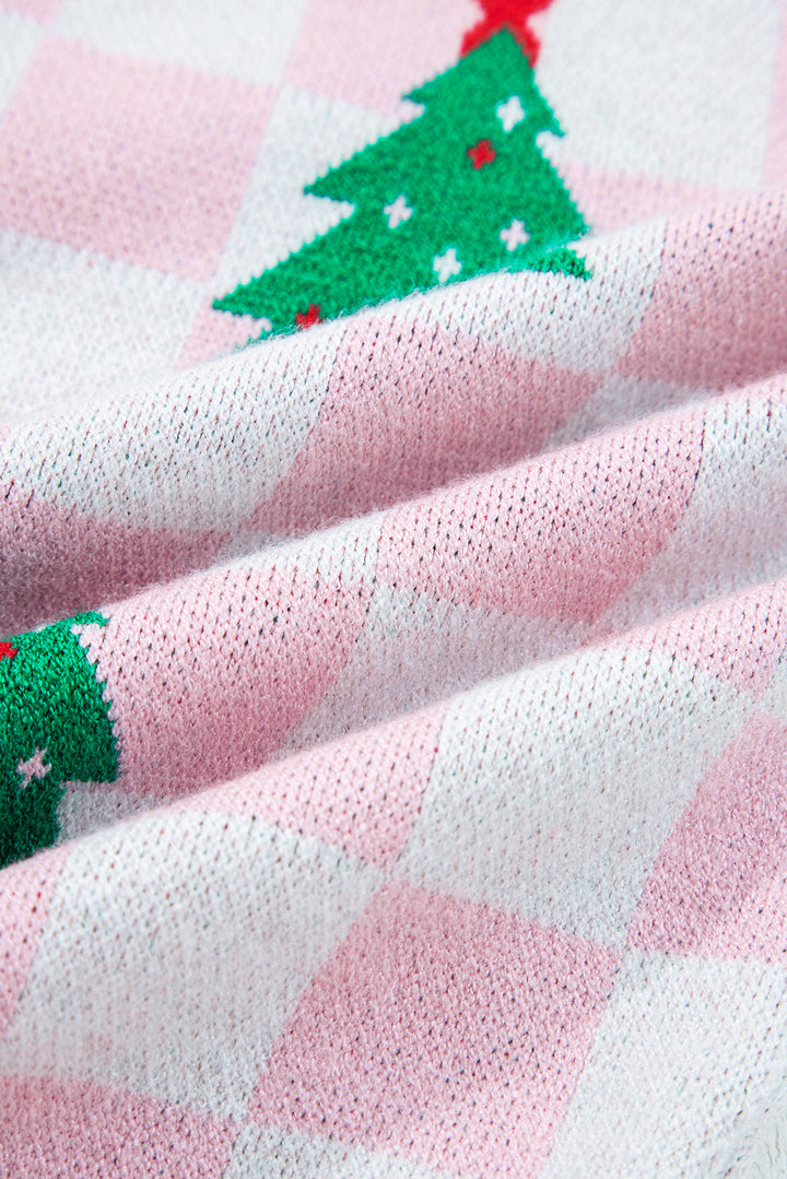 Checkered Christmas Tree Pattern Button V Neck Cardigan Sweater