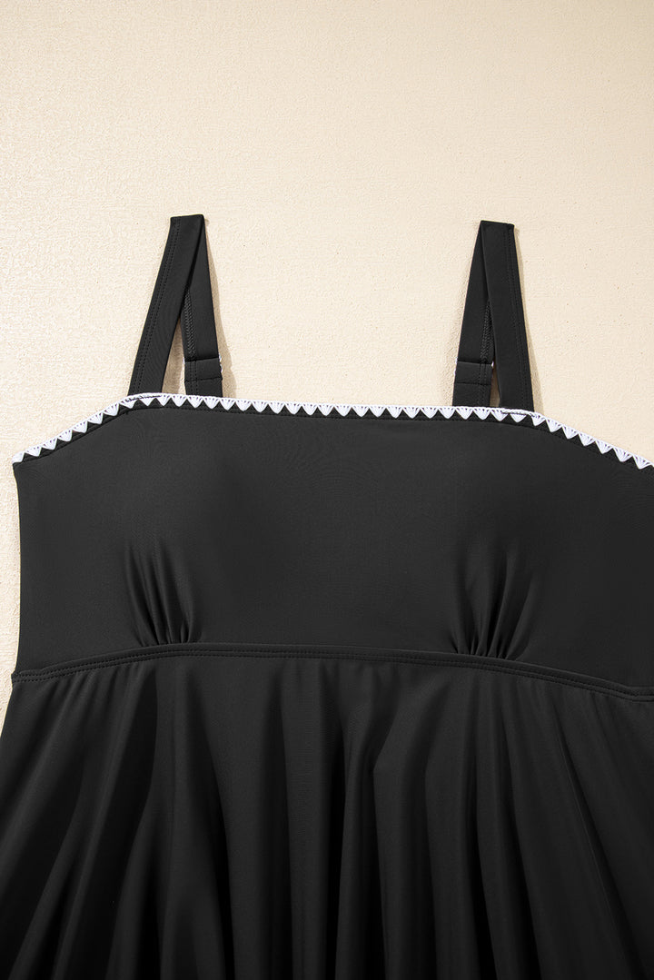 Black Spaghetti Straps Contrasted Ricrac Trim Flared Tankini 2pcs Swimsuit