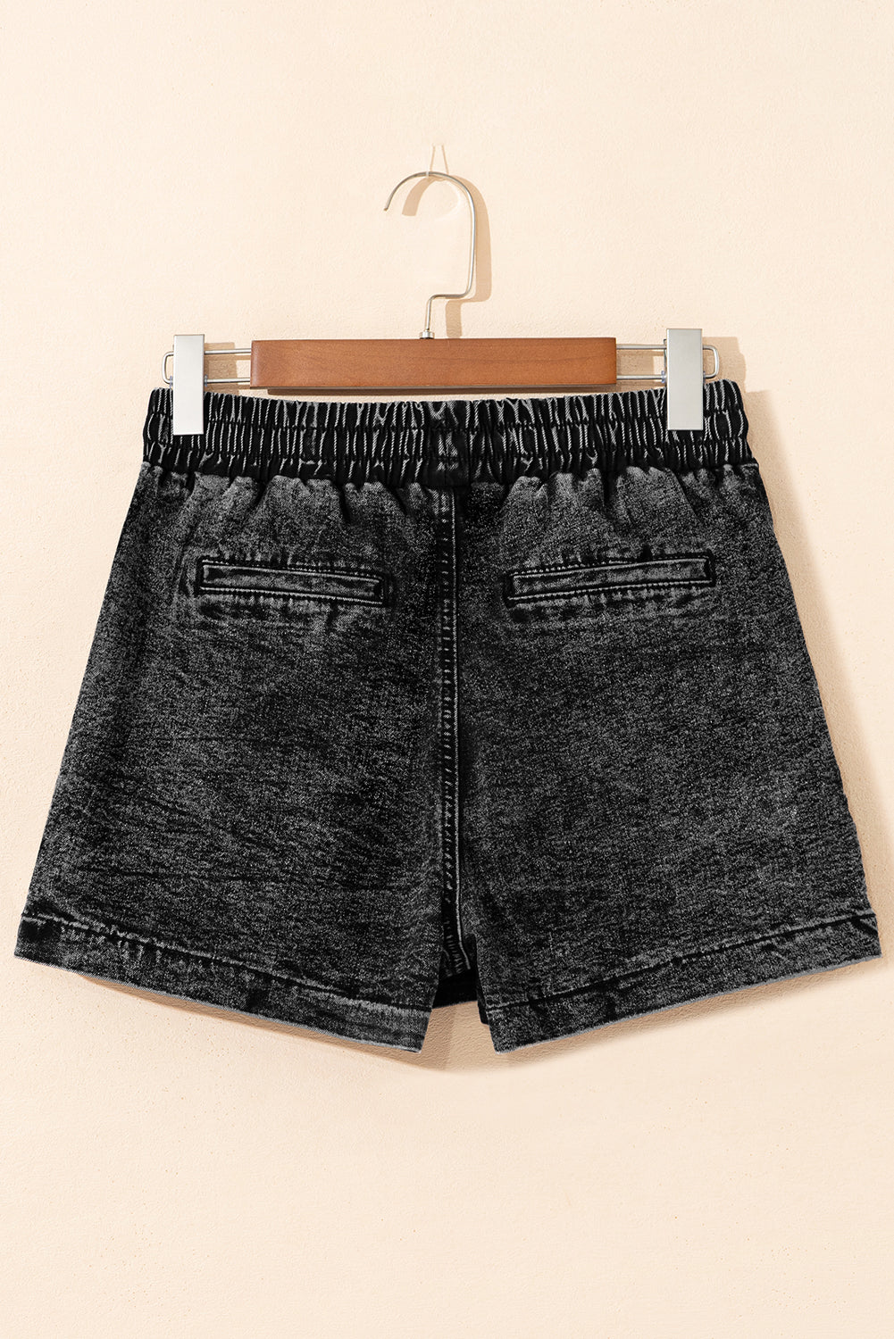 Black Drawstring Elastic Waistband Pocketed Denim Shorts