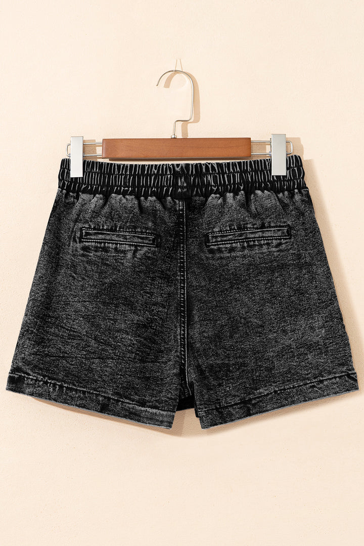 Black Drawstring Elastic Waistband Pocketed Denim Shorts