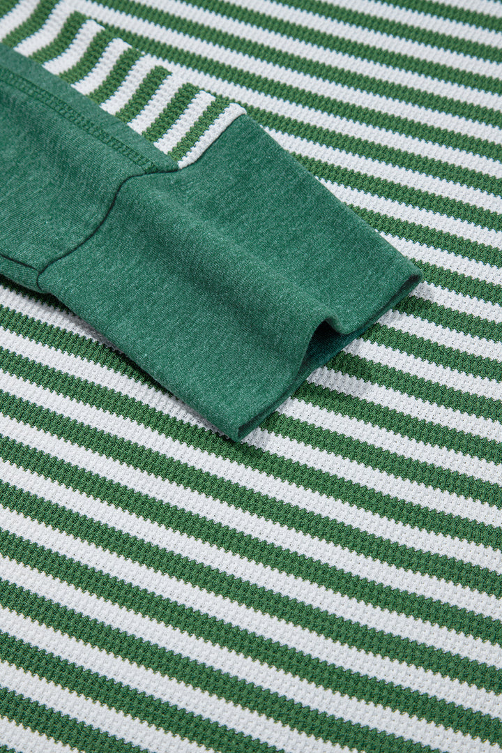 Dearlovers Green Stripe Thermal Knit Drop Shoulder Casual Top
