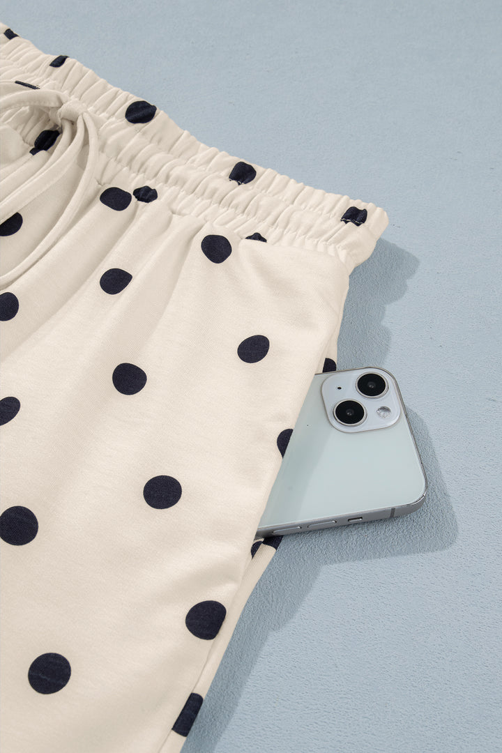 White Polka Dot Short Sleeve Loose Top Drawstring Shorts Set