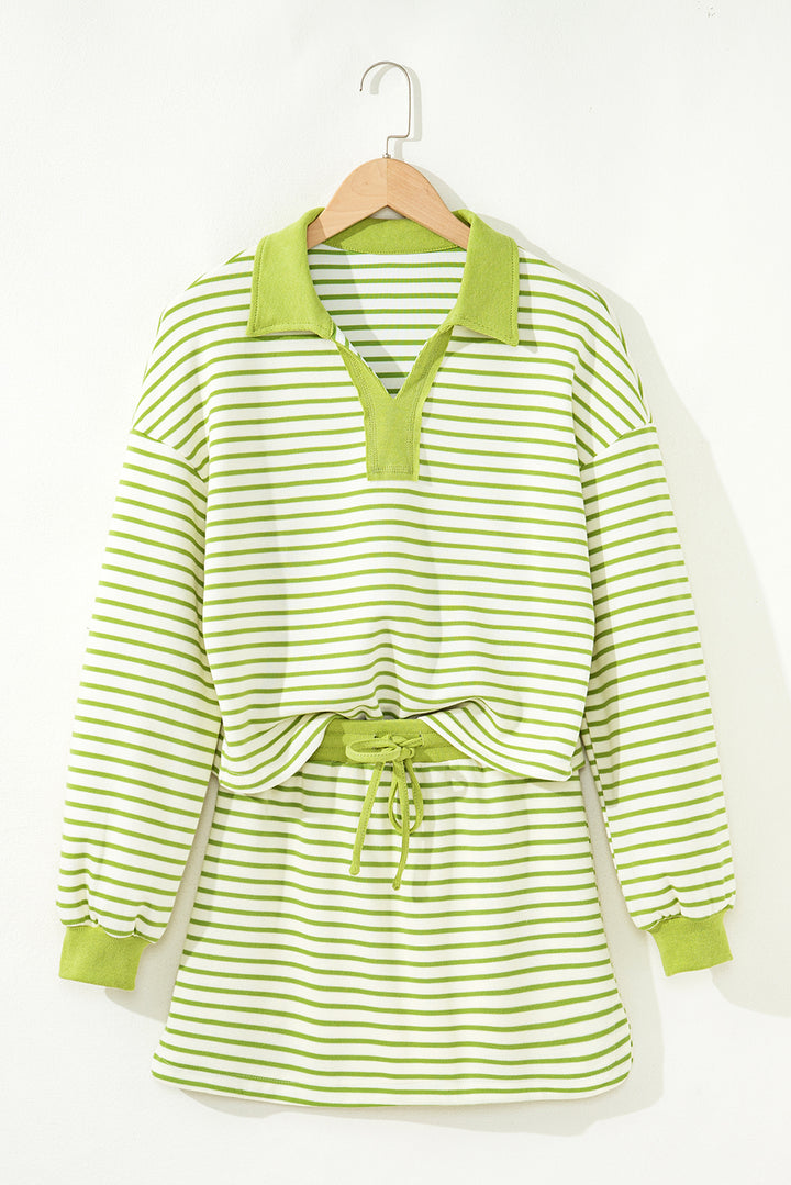 Green Stripe Collared Pullover and Skort 2pcs Outfit