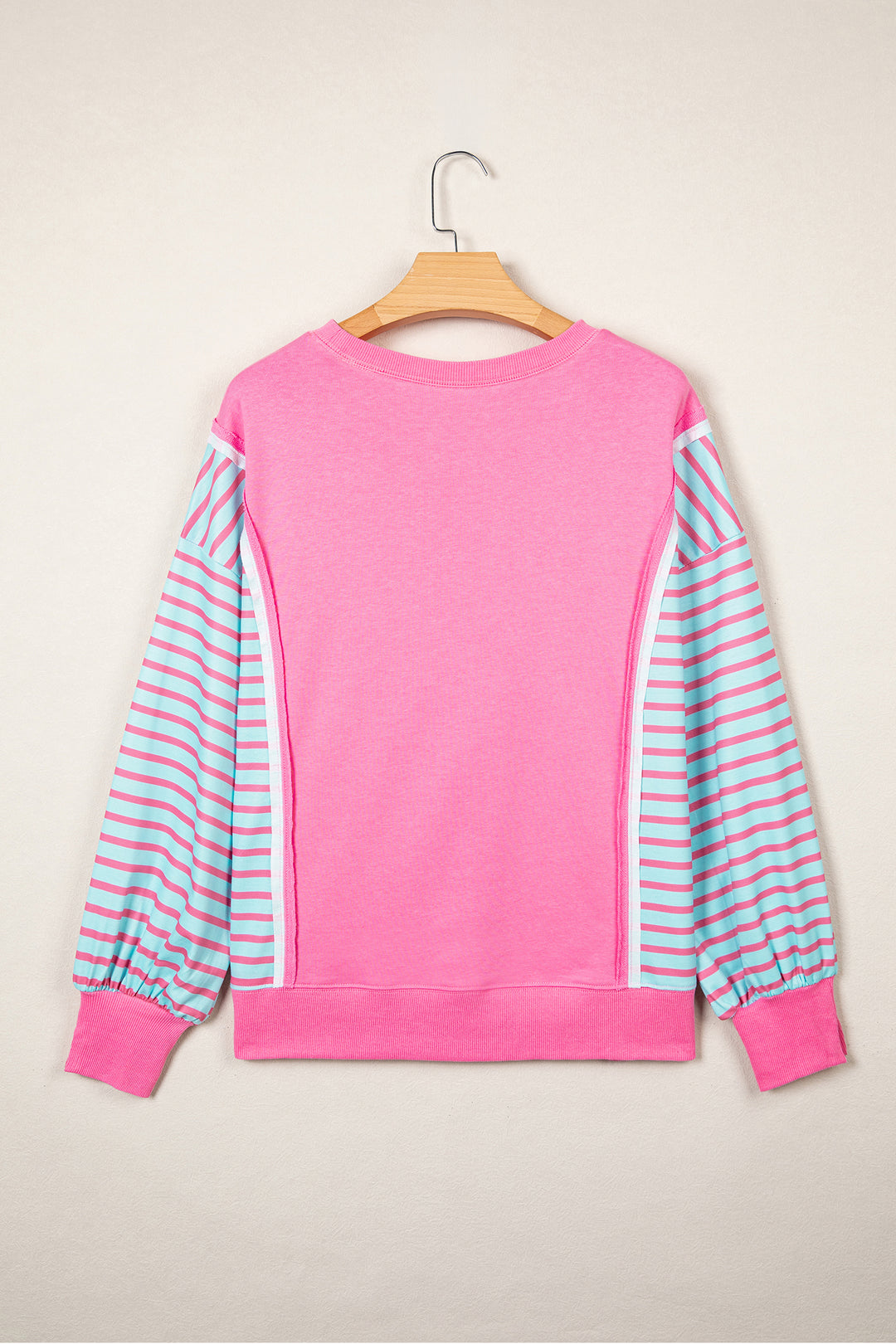 Rose Stripe Color Block Patchwork Relaxed Split Long Sleeve Top