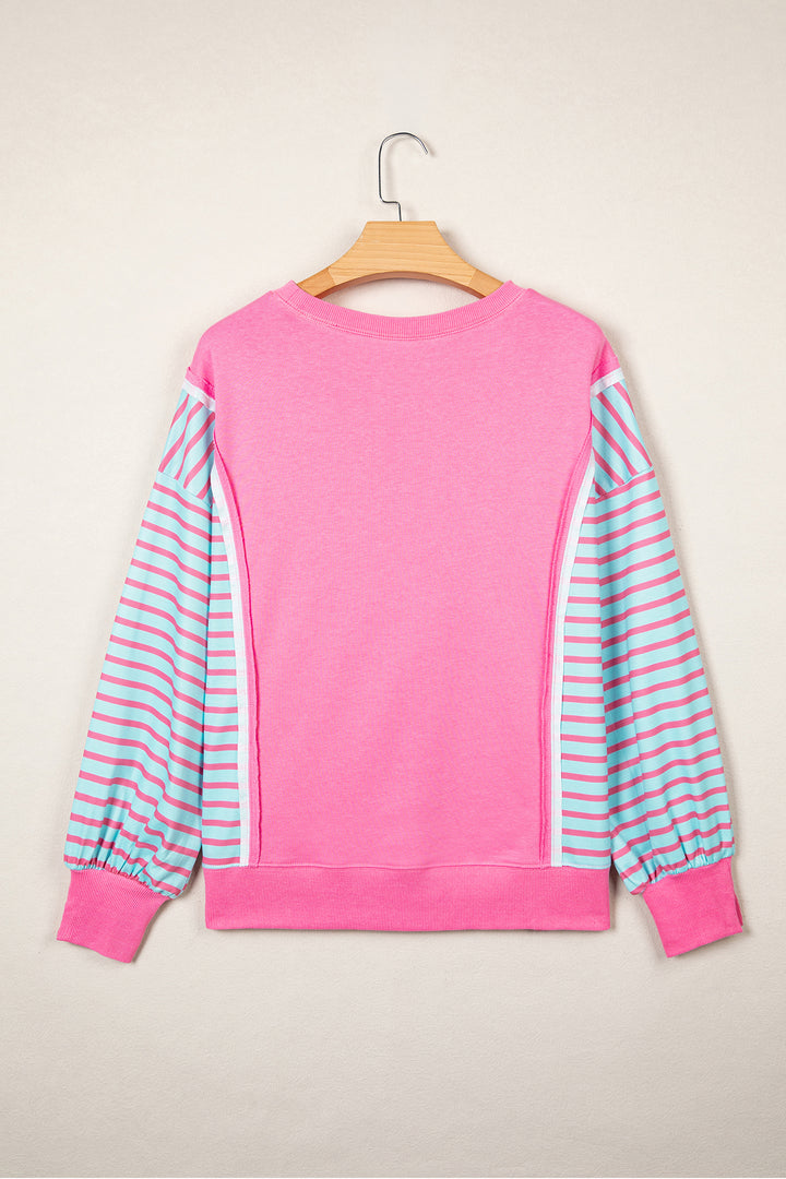 Rose Stripe Color Block Patchwork Relaxed Split Long Sleeve Top