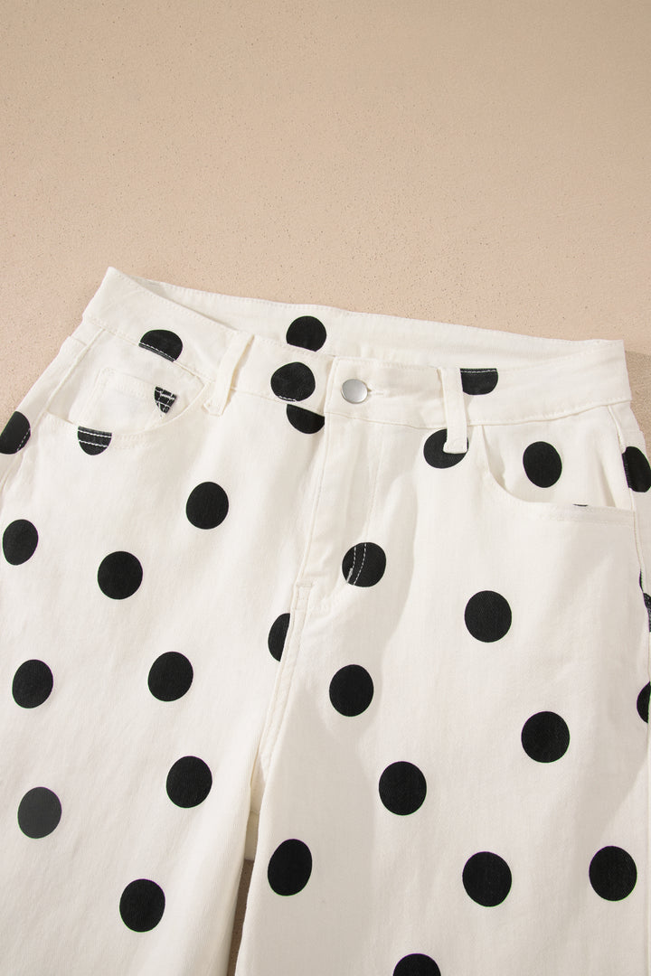 White Polka Dot Print Wide Leg Ankle-Length Jeans