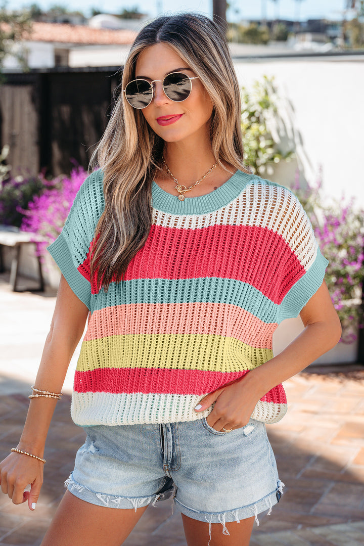 Color Block Hollow Out Knit Short Sleeve Sweater