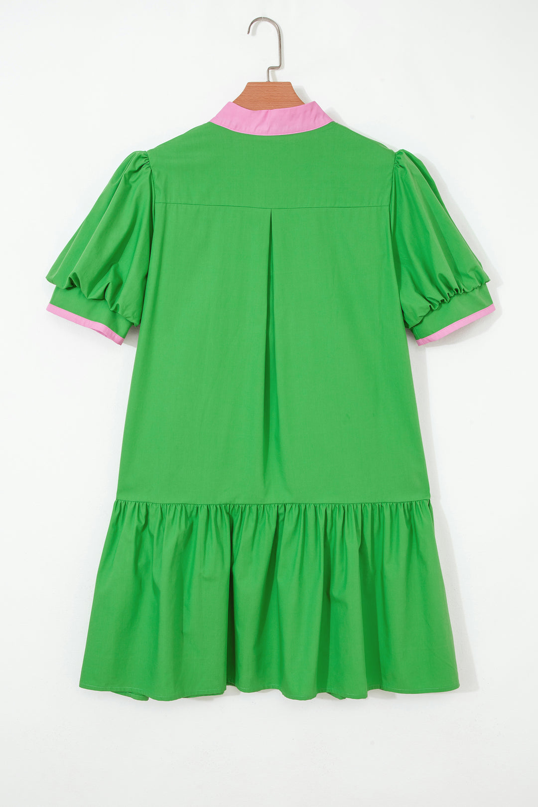 Color Block Detail Split Neck Short Puff Sleeve Ruffle Hem Mini Dress