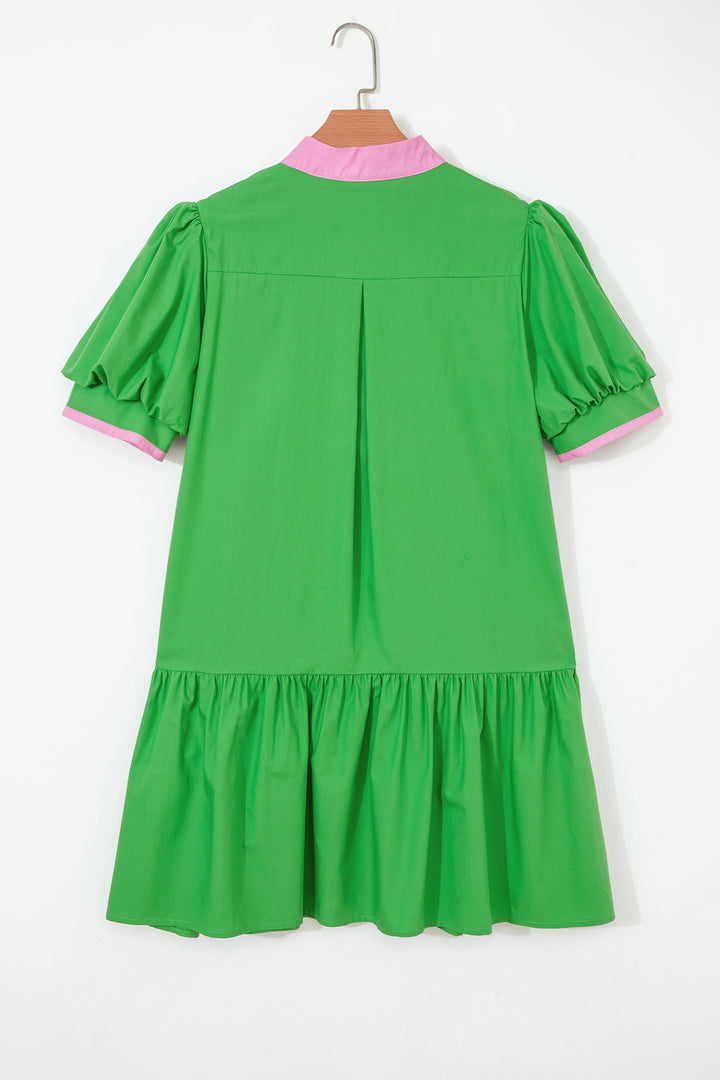 Color Block Detail Split Neck Short Puff Sleeve Ruffle Hem Mini Dress