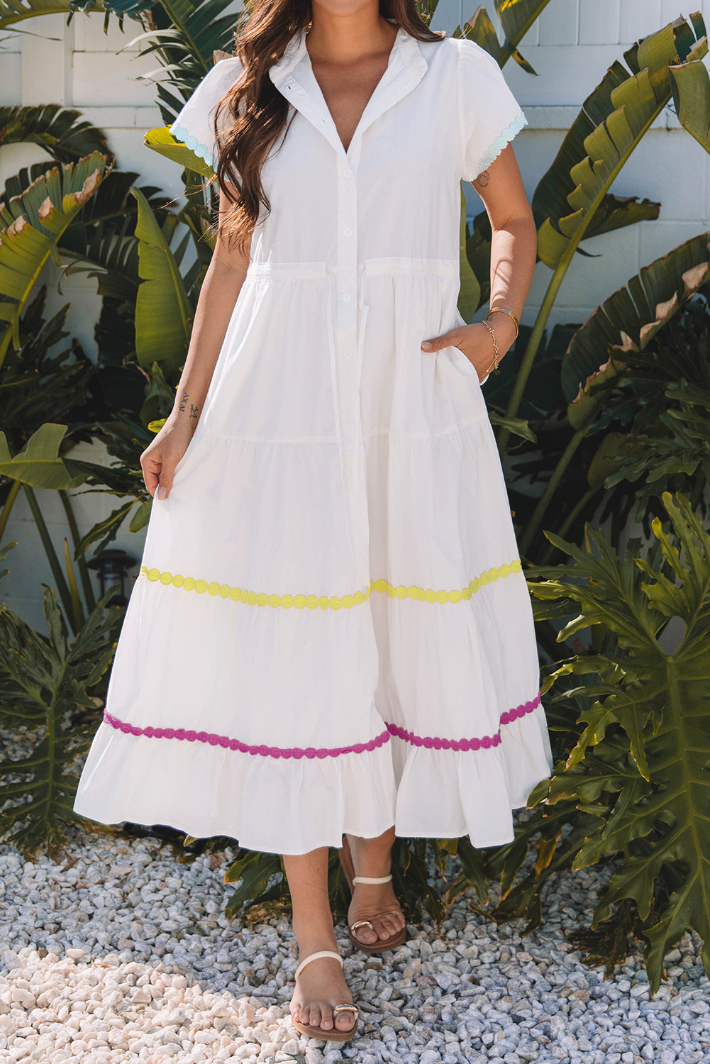 Colorblock Rickrack Trim Short Sleeve Drawstring Waist Long Dress