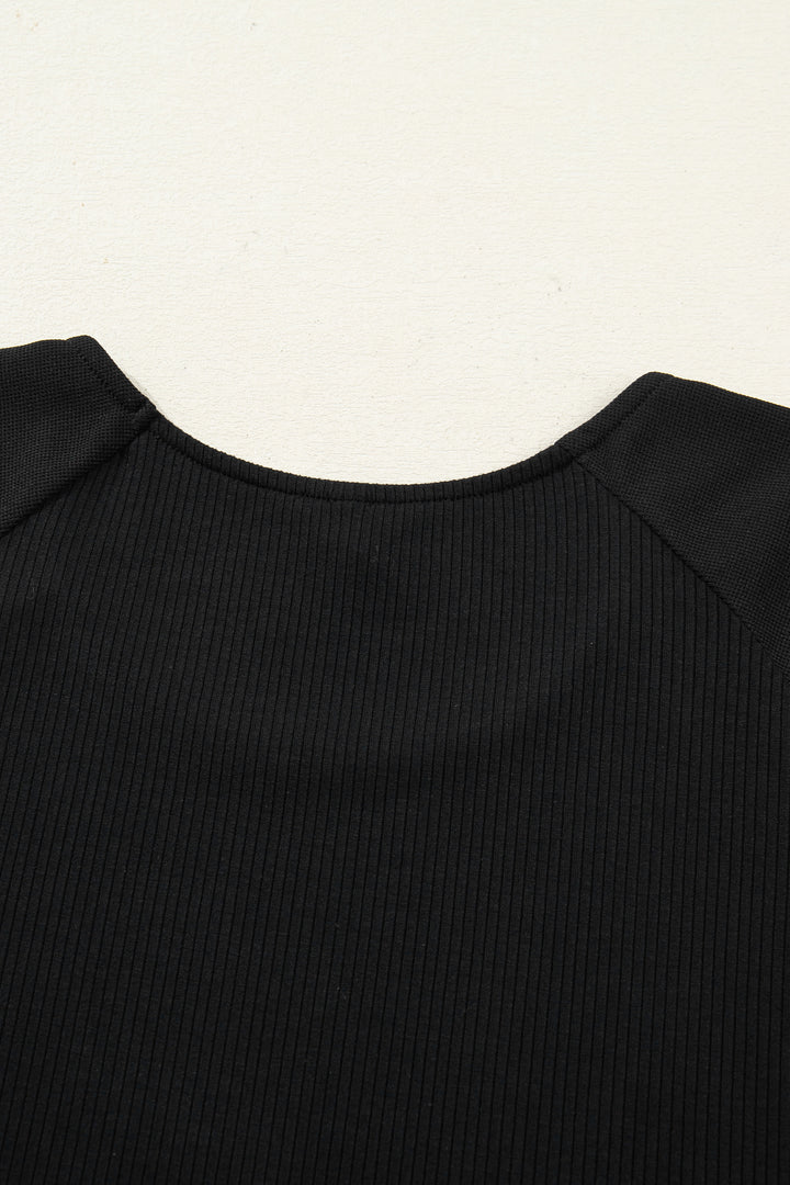 Black Ribbed Lace Patchwork Short Sleeve Top