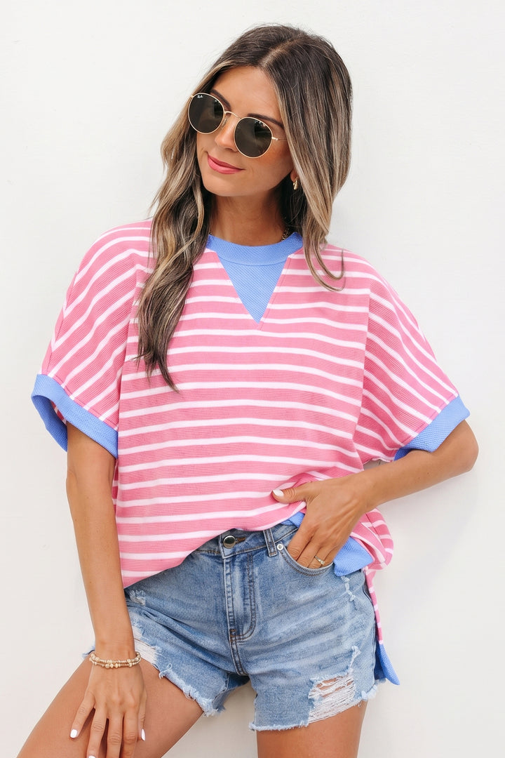 Pink Stripe Contrast Trim Loose Short Sleeve Top