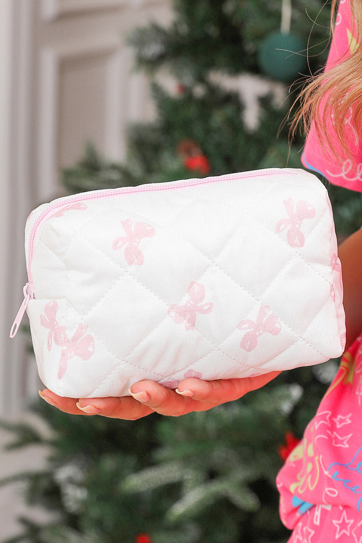 Sweet Bow Knot Print Quilted Zipper Cosmetic Bag