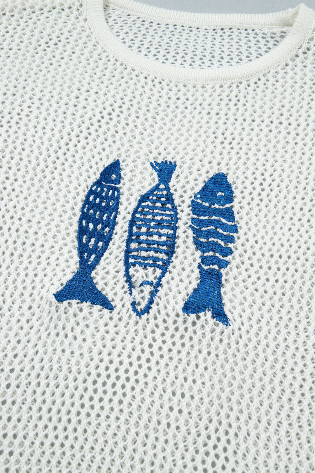 White Open Knit Fish Embroidered Casual Sweater