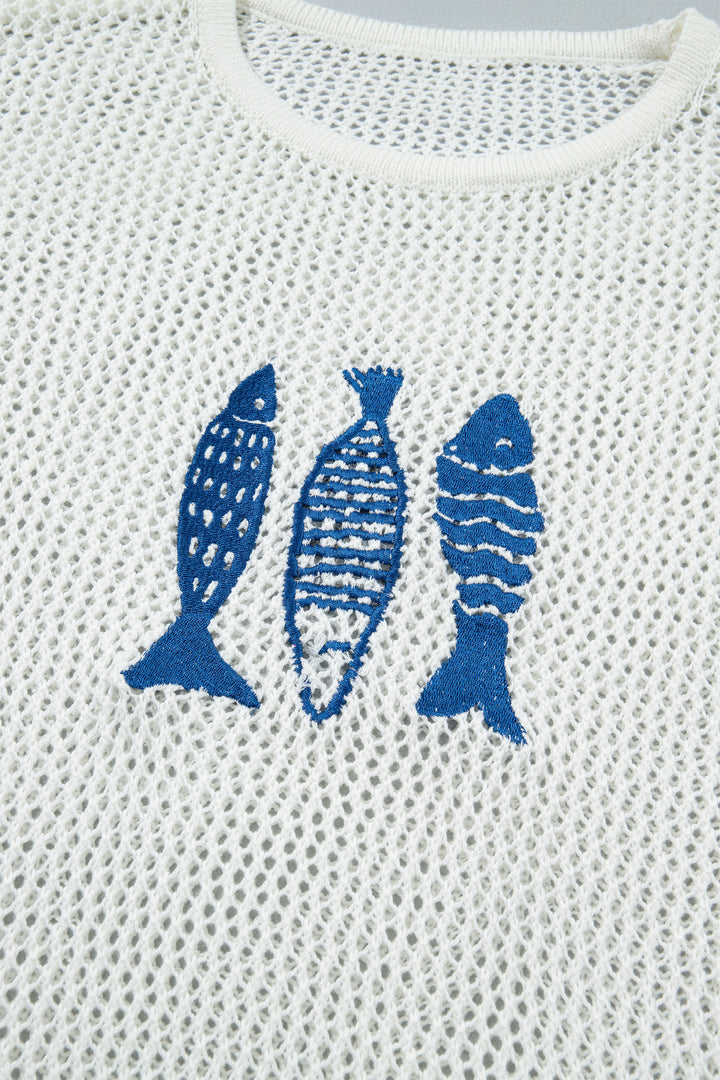 White Open Knit Fish Embroidered Casual Sweater