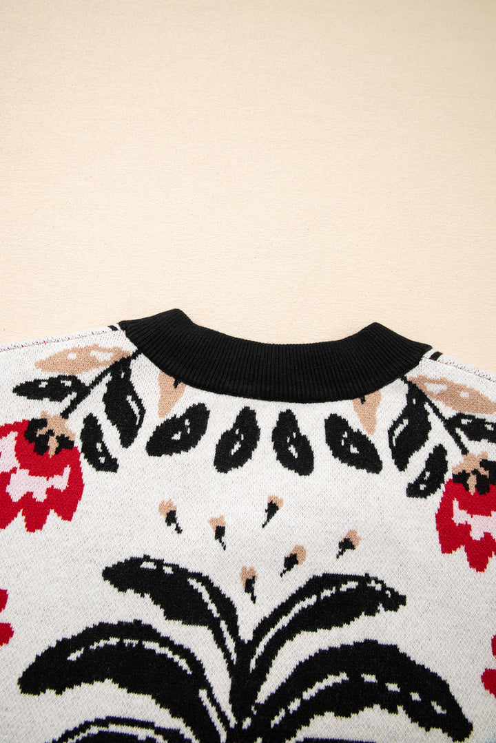 Floral Print Buttoned Front V Neck Knit Cardigan