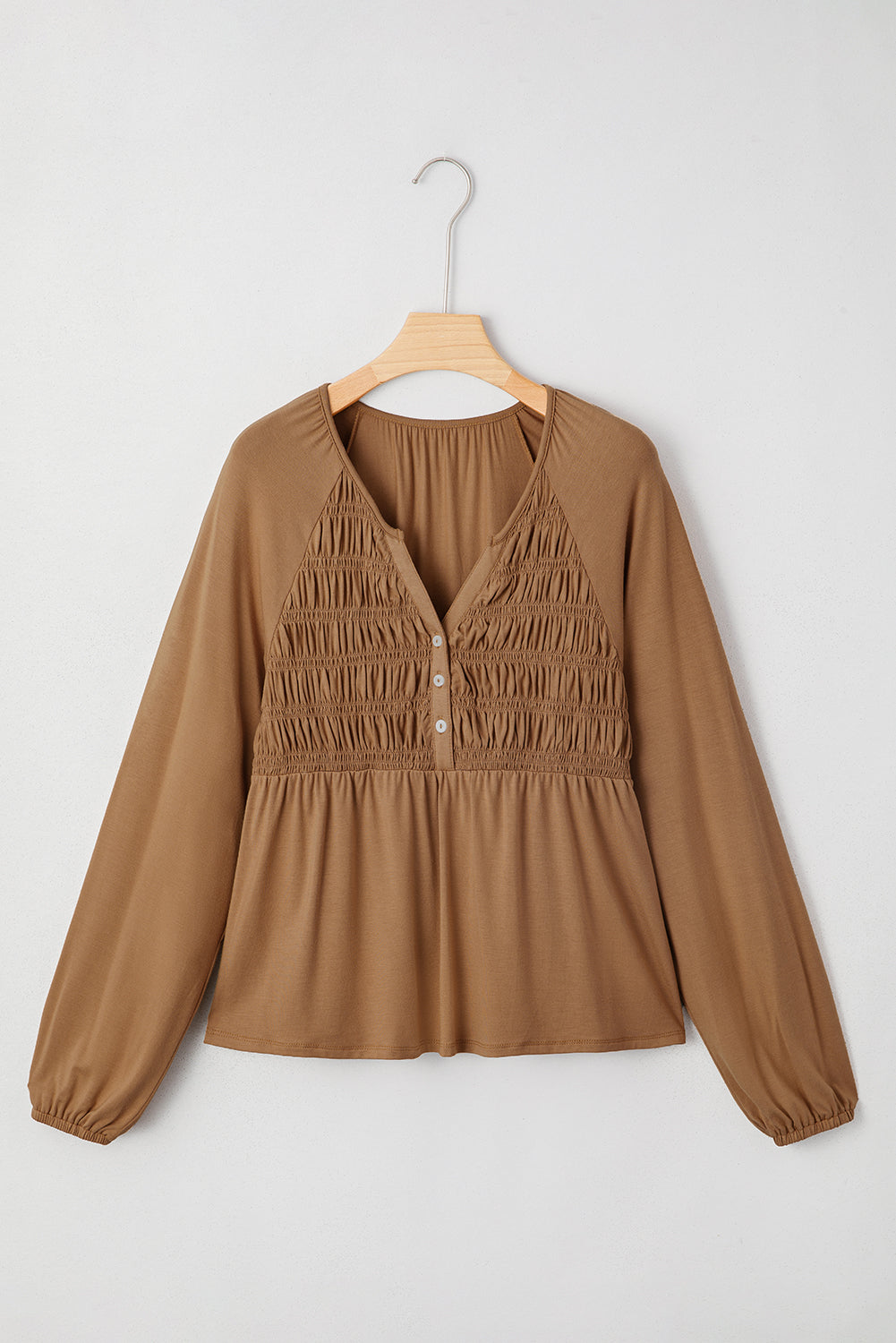Smocked Bust Buttoned Split V Neck Flow Fit Blouse