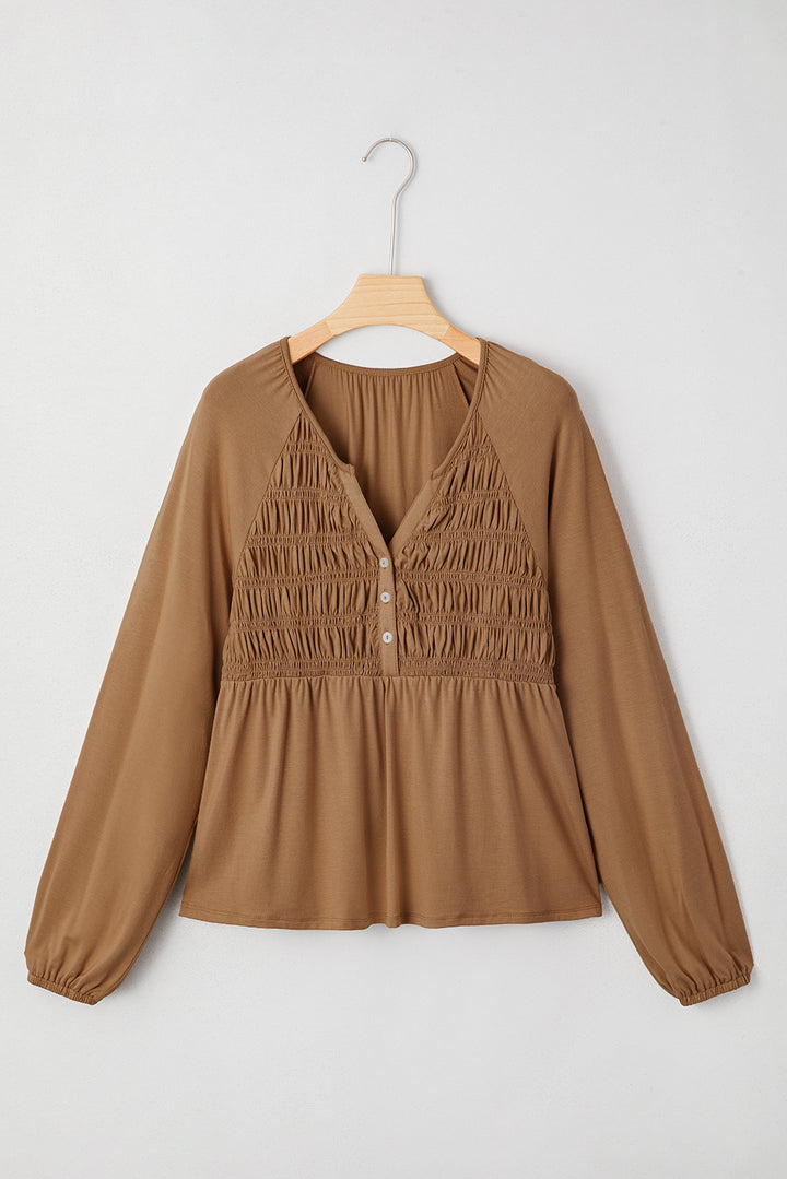 Smocked Bust Buttoned Split V Neck Flow Fit Blouse