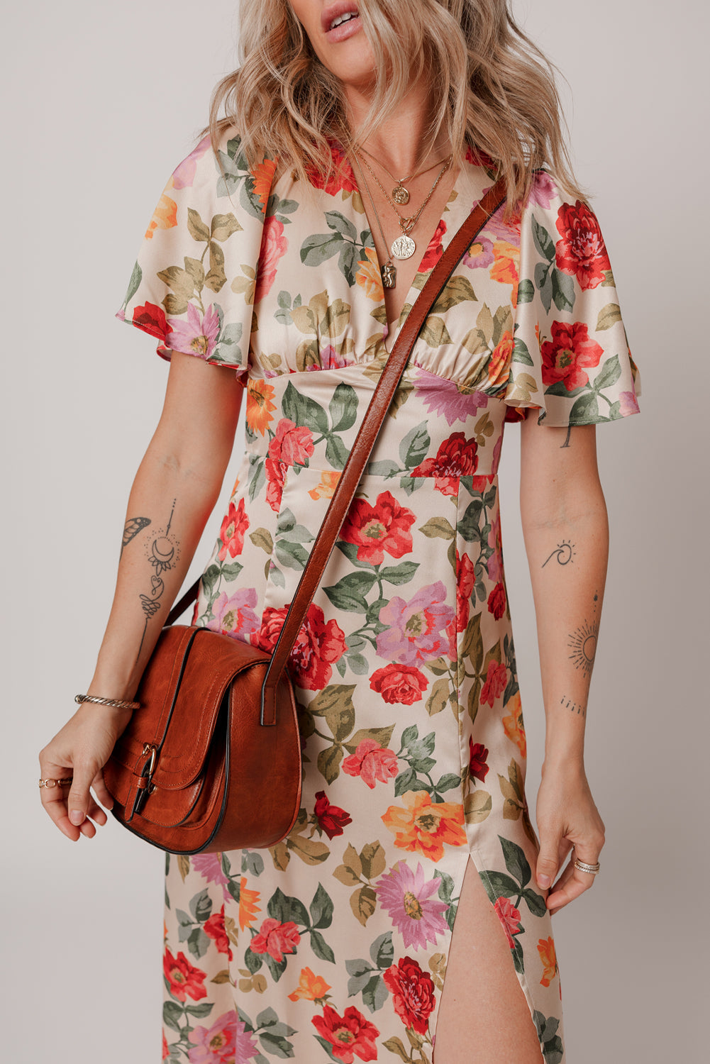 Vintage Floral V Neck Short Sleeve Tie Back Long Slit Dress