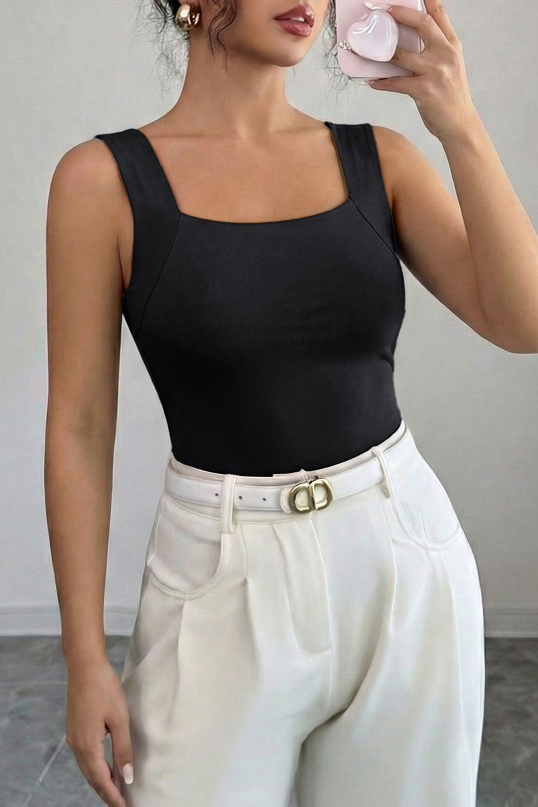 Black Solid Color Wide Strap Splicing Athleisure Tank Top
