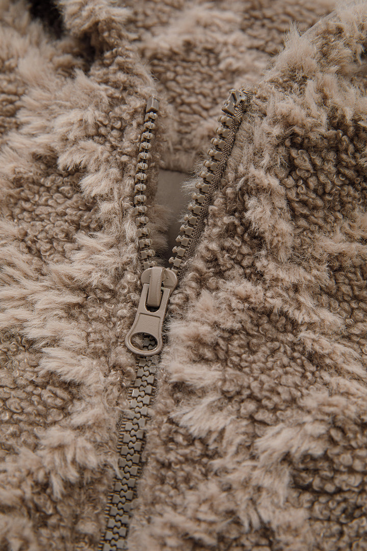 Chestnut Sherpa Rhombus Zip Up Side Pocket Hooded Jacket