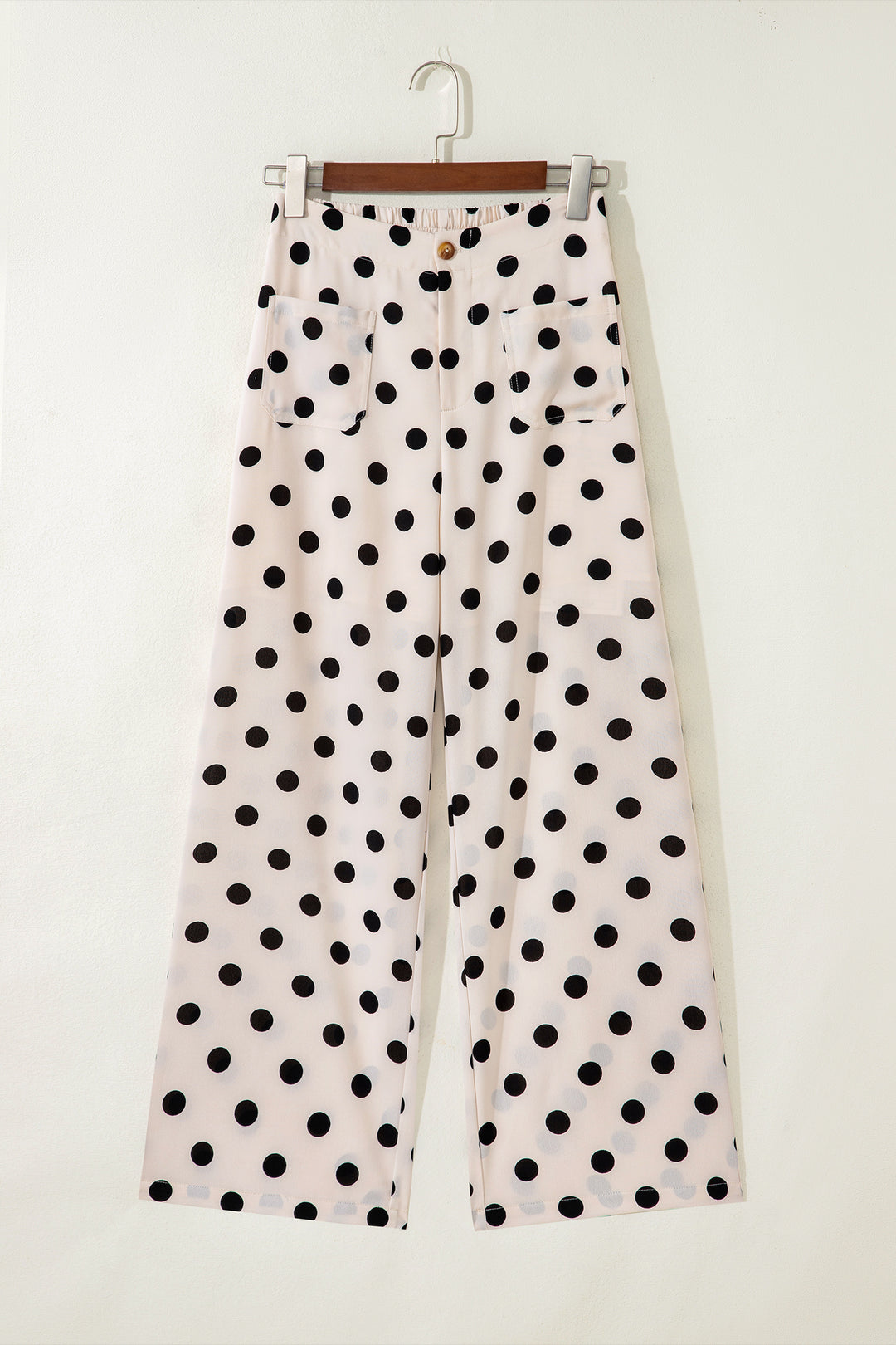 White Polka Dot Print Patched Pocket Mid-rise Straight Leg Pants