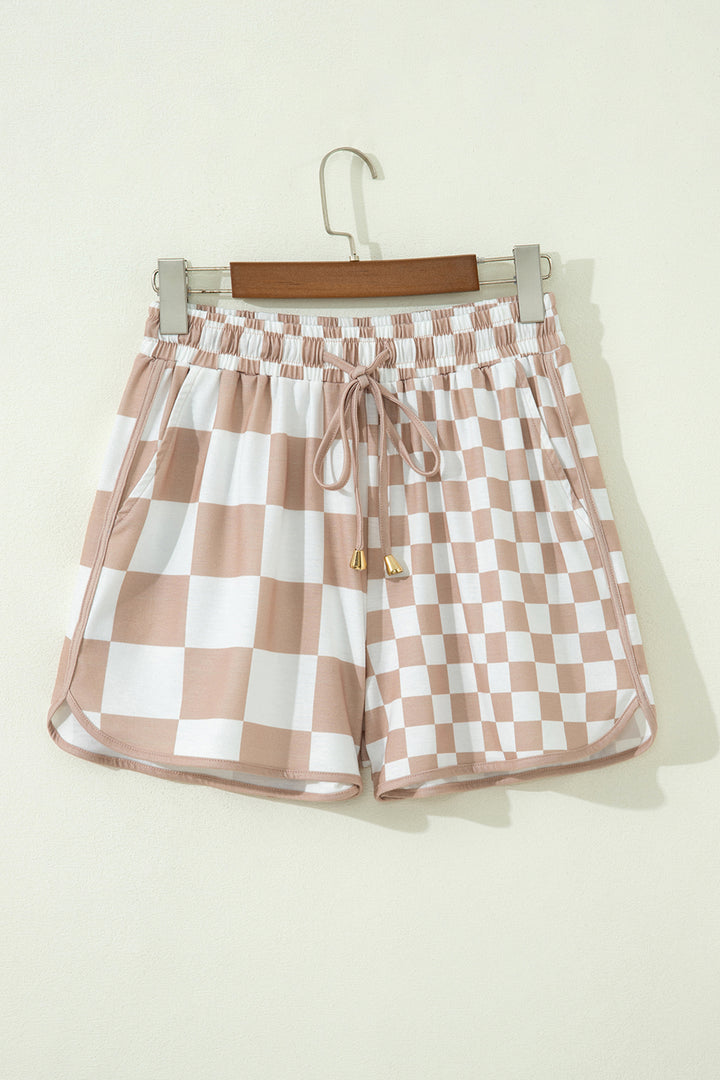 Khaki Double Checkered Print Beaded Drawstring Casual Shorts
