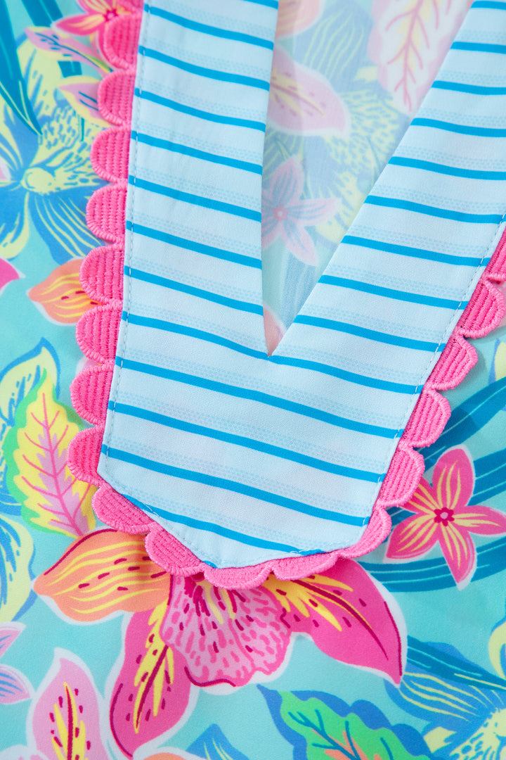 Multicolour Floral Print Contrast Scallop Striped Trim V Neck Dress