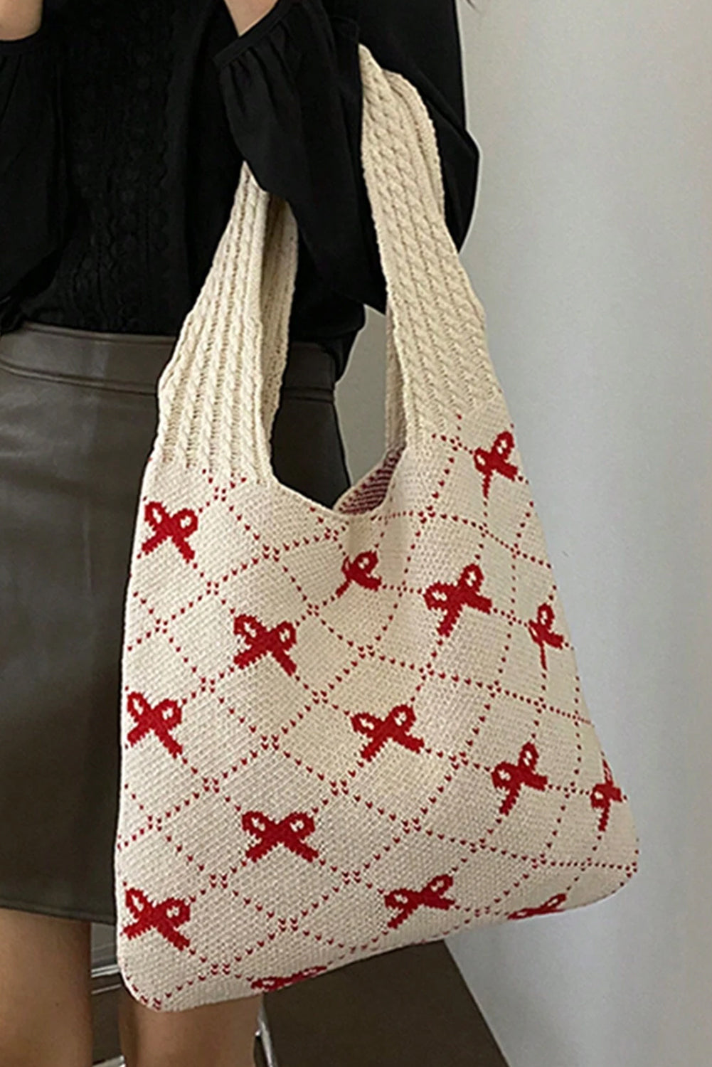 Bow Argyle Pattern Cable Knit Handle Tote Bag