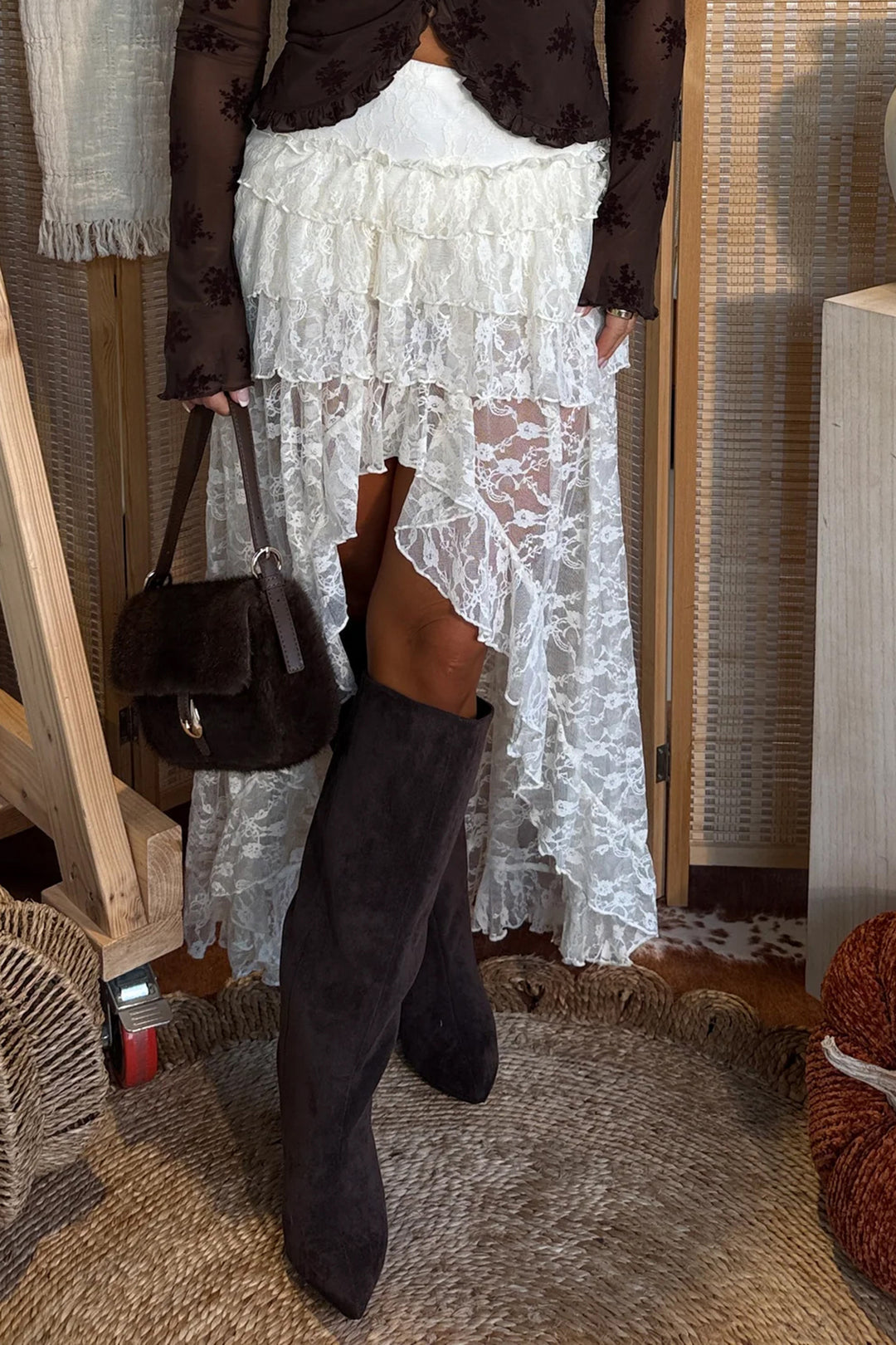 Chic White Sheer Lace Frilly Ruffles High Low Long Skirt