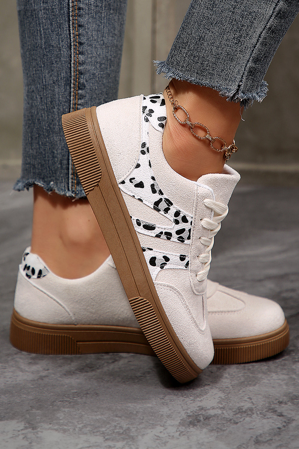 Suede Leopard Color Block Trim Lace-up Casual Shoes