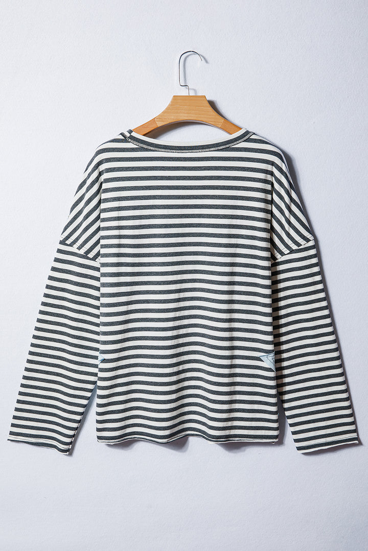 Gray Stripe Contrast Star Stitched Plus Size Long Sleeve Top
