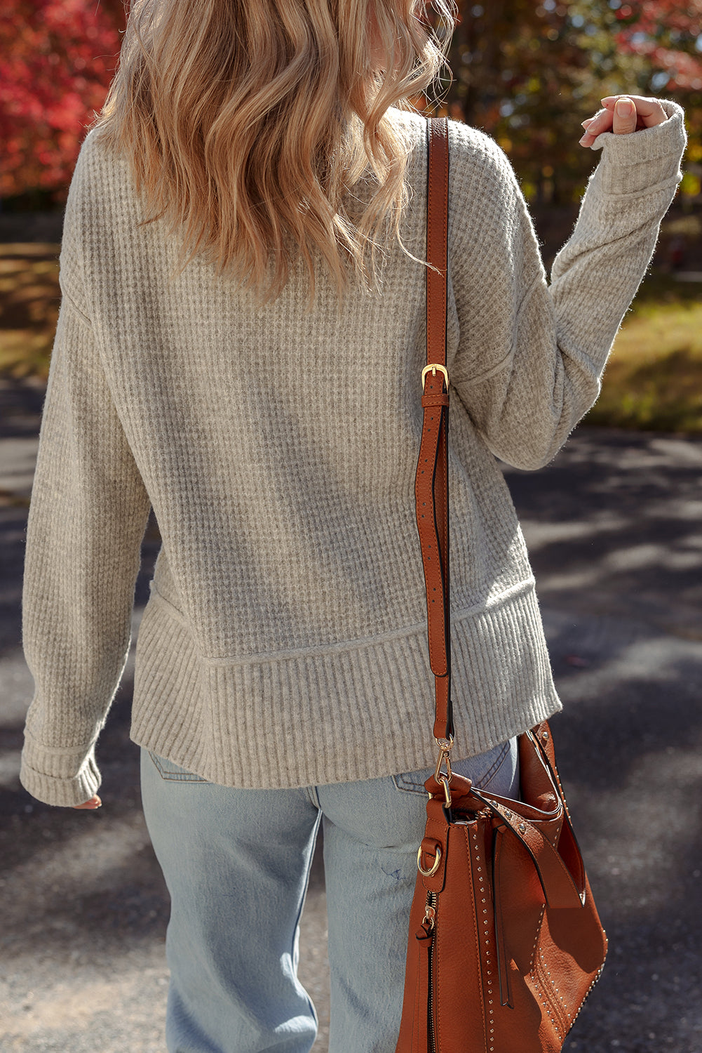 Waffle Texture Knit Ribbed High Neck Drop Shoulder Sweater