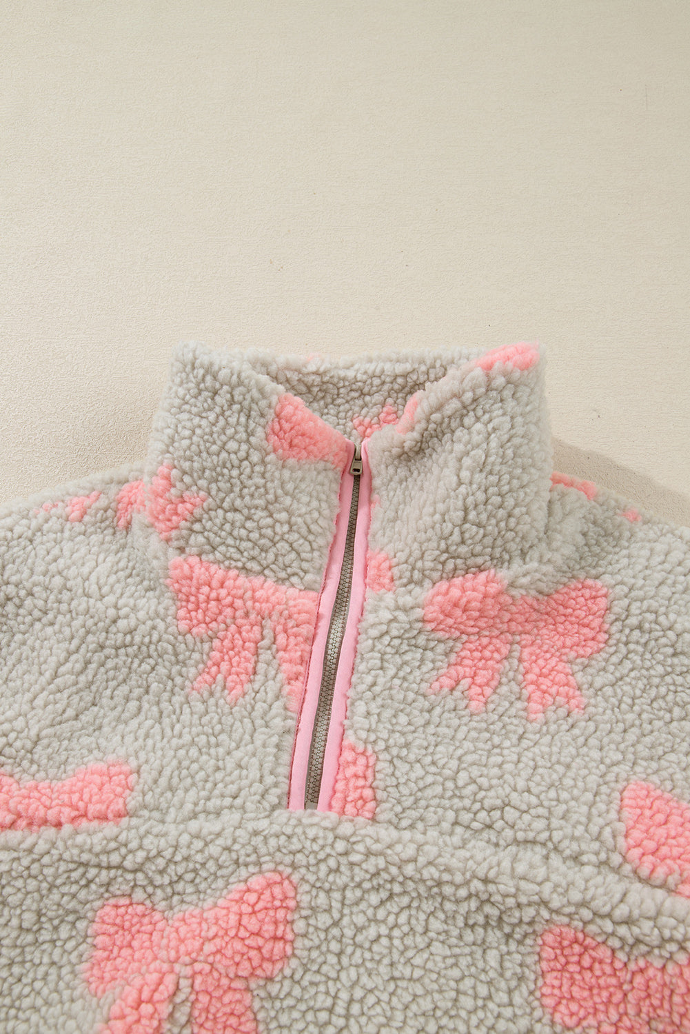 Bow Sherpa Quarter Zip Drop Shoulder Baggy Sweatshirt
