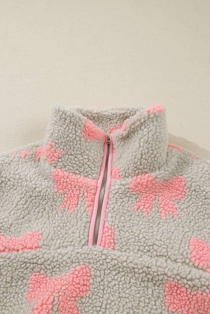Bow Sherpa Quarter Zip Drop Shoulder Baggy Sweatshirt