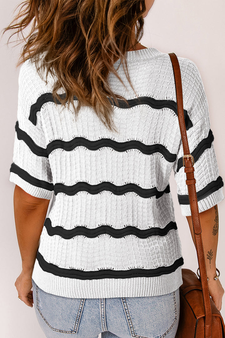 Wavy Textured Knit Half Sleeve Loose Sweater