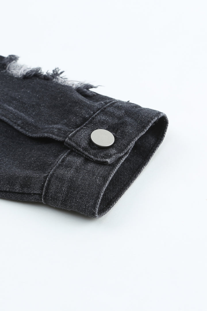 Lapel Distressed Raw Hem Buttons Denim Jacket