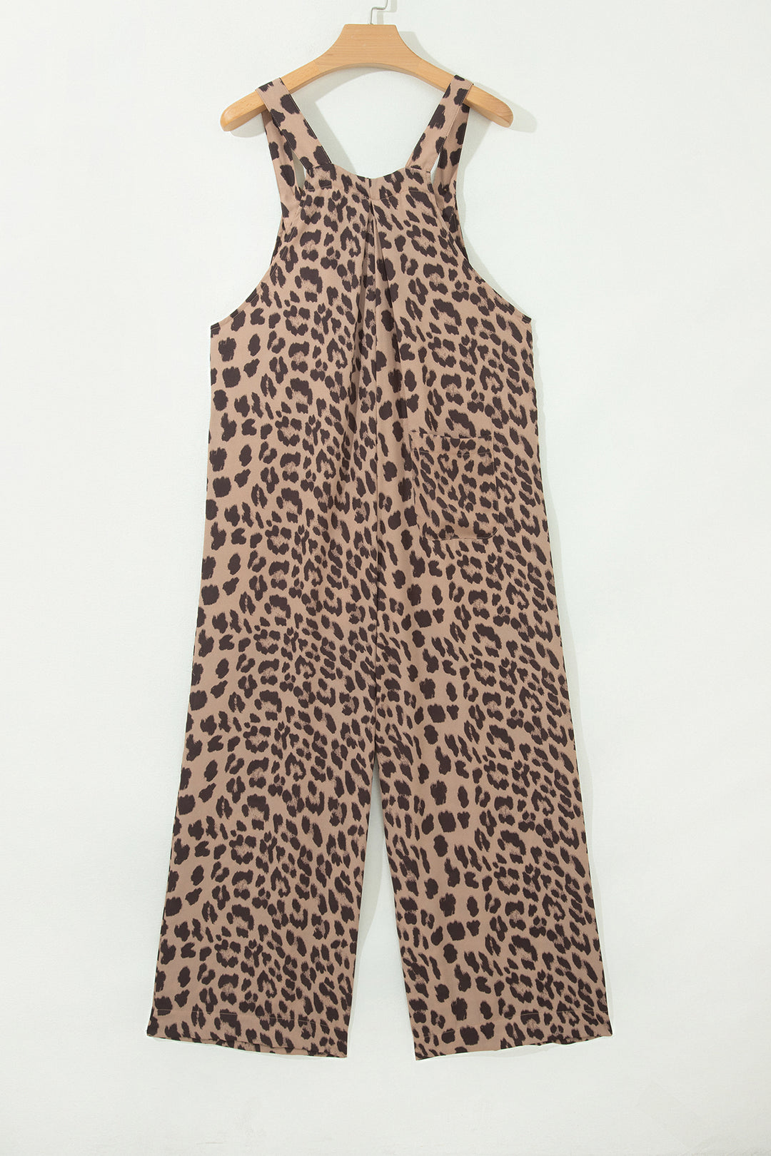 Khaki Leopard Print Square Neck Pleated Wide Leg Jumpsuit