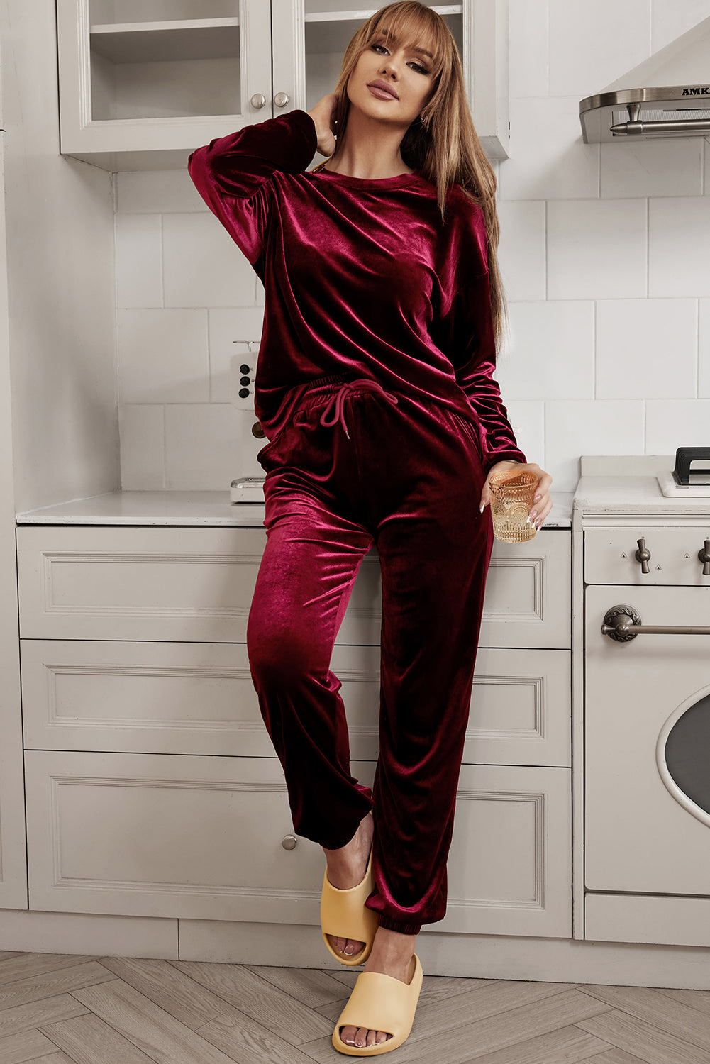 solid velvet two piece lounge set