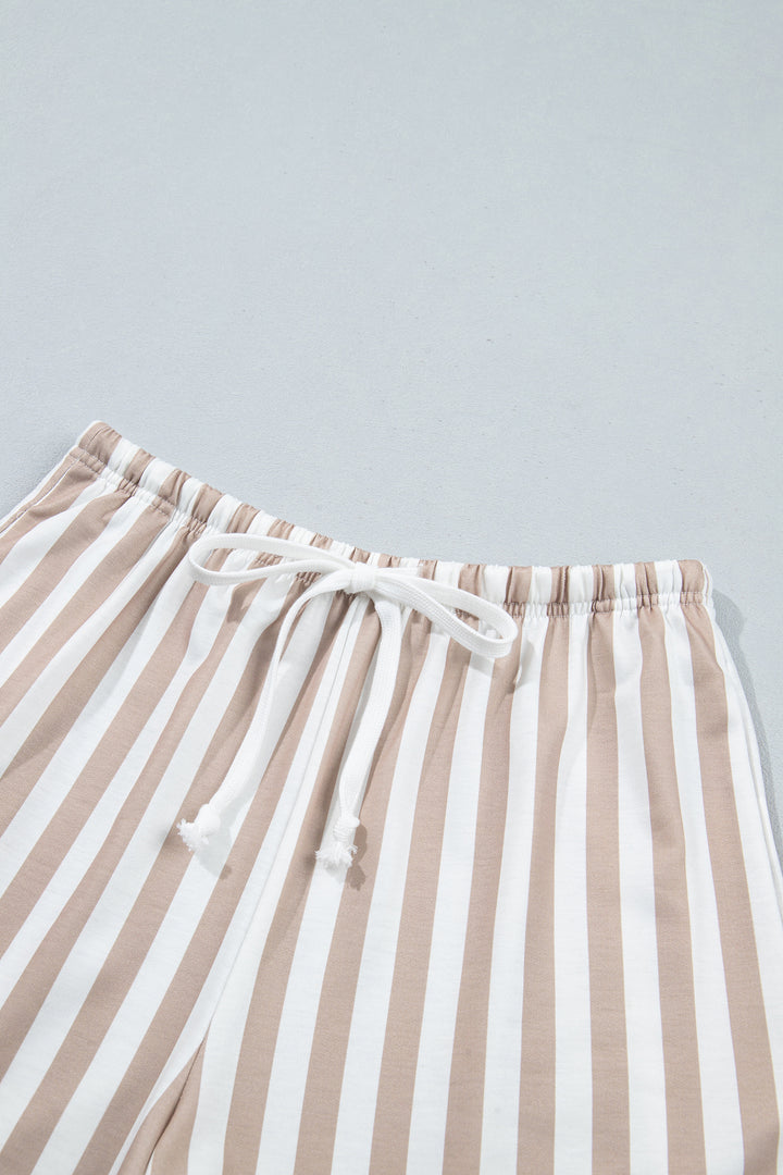 Smoke Gray Striped Color Block Pullover Top Drawstring Shorts Set