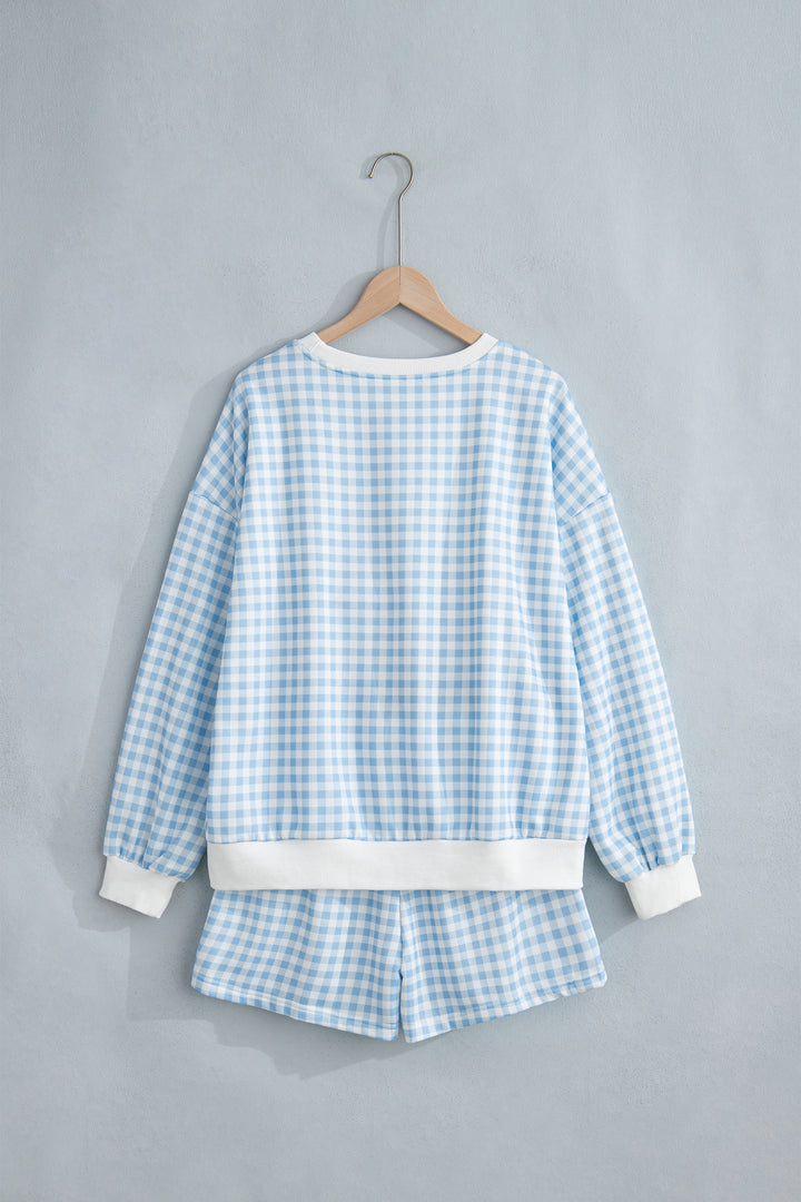 Sky Blue Plaid Baggy Pullover Drawstring Casual Shorts 2pcs Outfit
