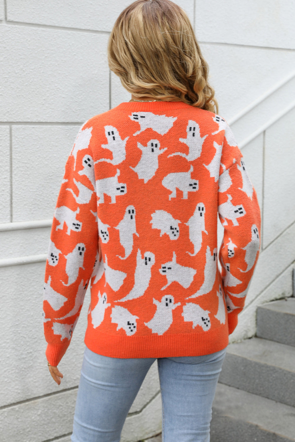 Orange Halloween Ghost Allover Drop Shoulder Holiday Sweater