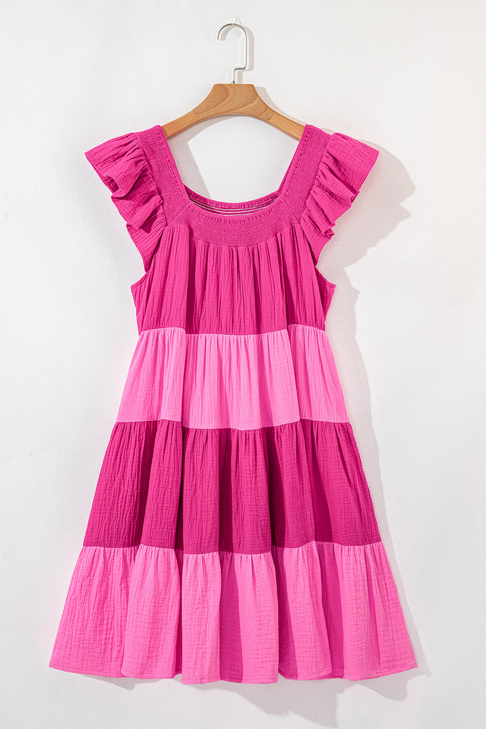 Cute Pink Crinkled Colorblock Patchwork Flutter Tiered Mini Babydoll Dress
