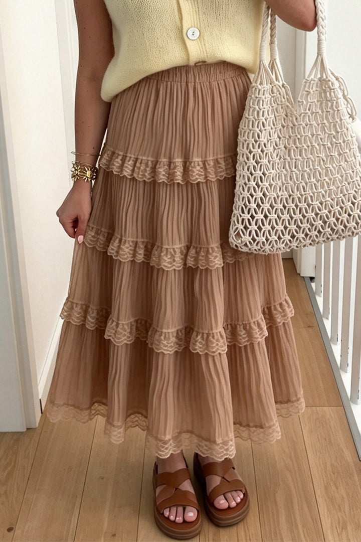 Smoke Gray Pleated Tiered Lace Trim Maxi Skirt
