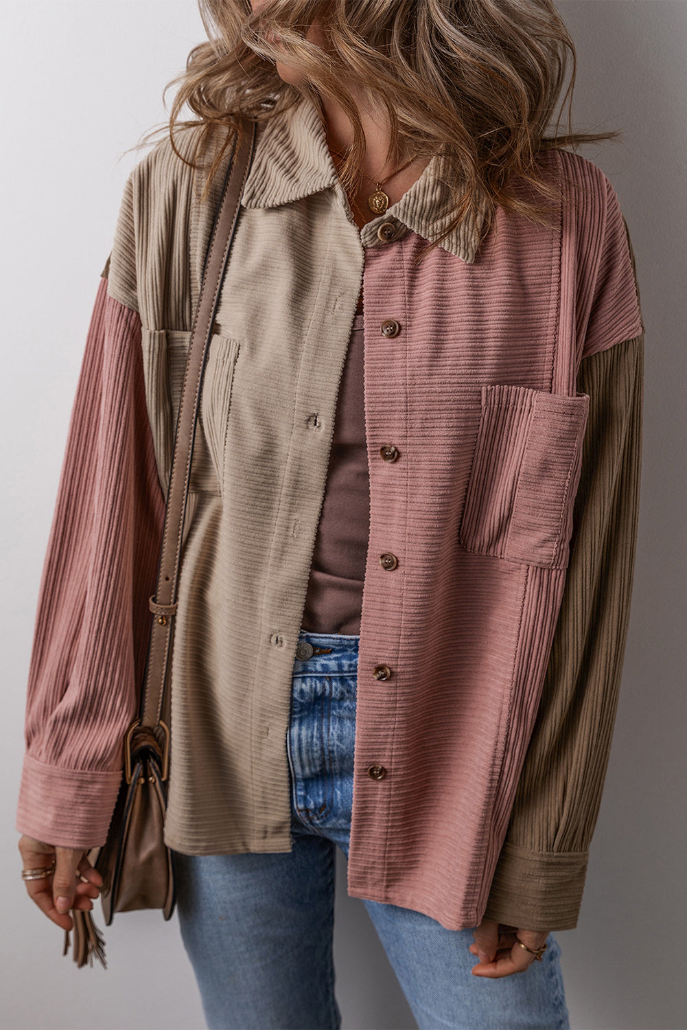Color Block Chest Pockets Corduroy Shacket