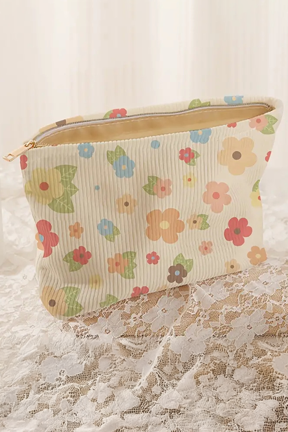 Flower Leaves Print Zipper Corduroy Makeup Bag