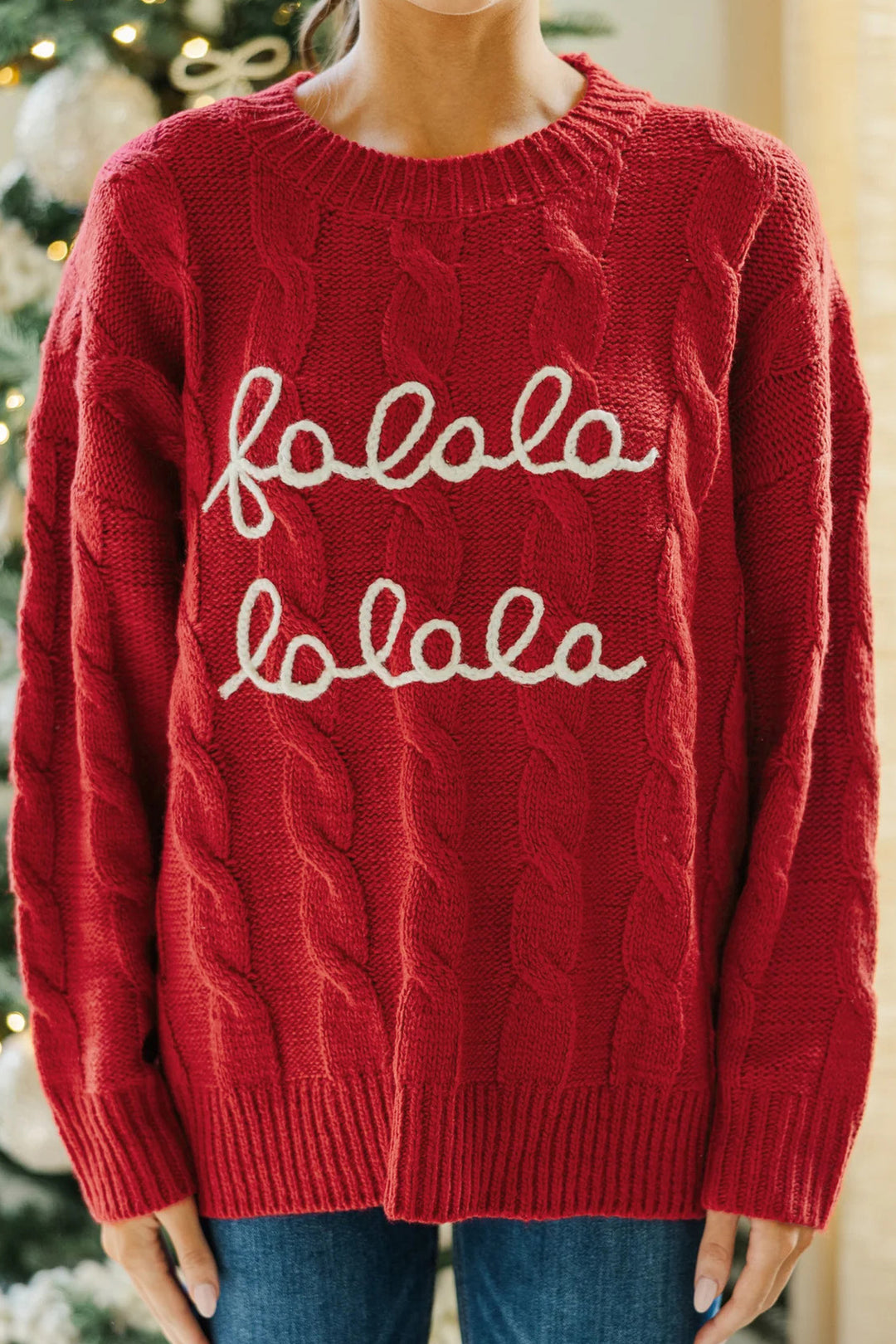 Fiery Red Falala Cable Knit Christmas Dropped Shoulder Pullover Sweater